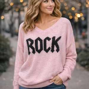 Elan “ROCK” Graphic Sweater Pink Lightweight Oversized V-Neck Size M